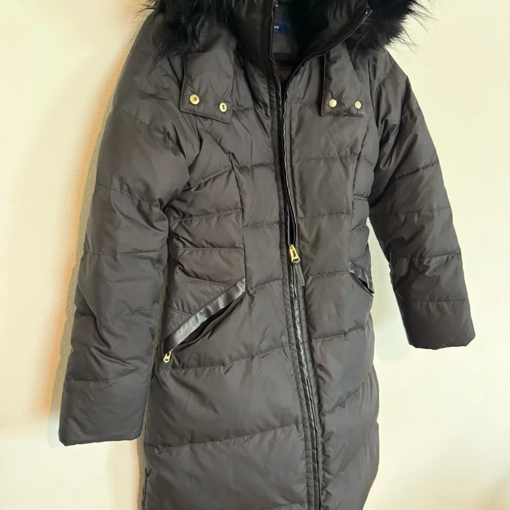 Women’s Cole Haan Black Puffer Coat Knee Length Hooded Size Medium Down Fill - Picture 5 of 7